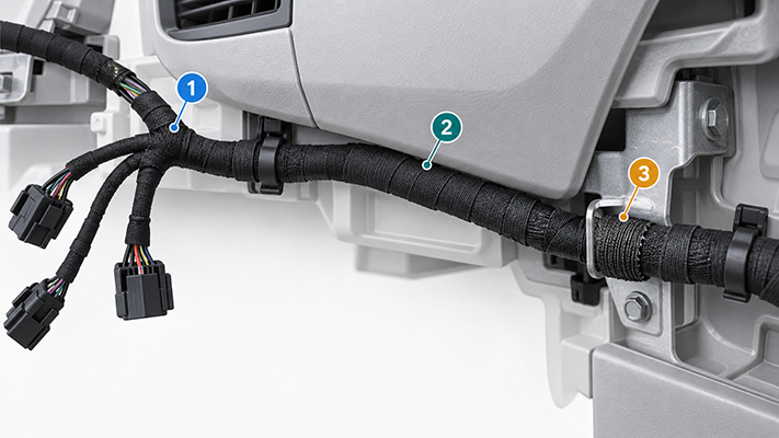 Automotive instrument-panel wire harness with black textile wrapping tape, numbered at a branch point, a trim-contact section and a bracket rubbing point